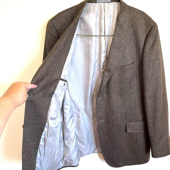 John W Nordstrom Cashmere Silk Blazer 46L Brown Herringbone 2 Button Sport Coat - Picture 3 of 11